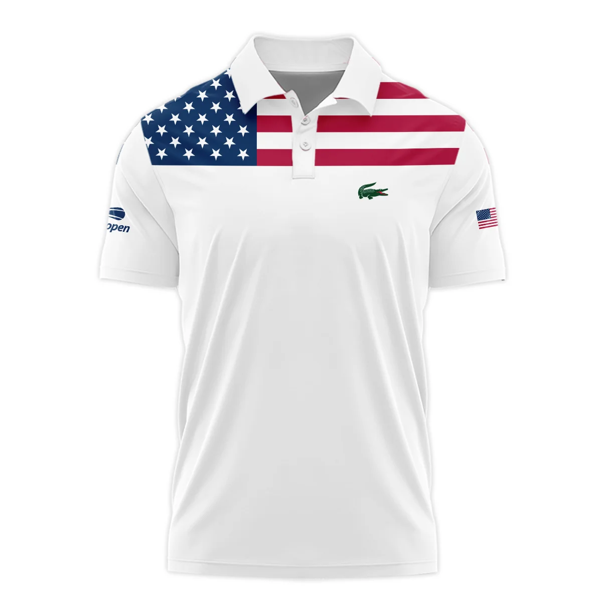 US Open Tennis Champions Lacoste USA Flag White Polo Shirt Mandarin Collar Polo Shirt