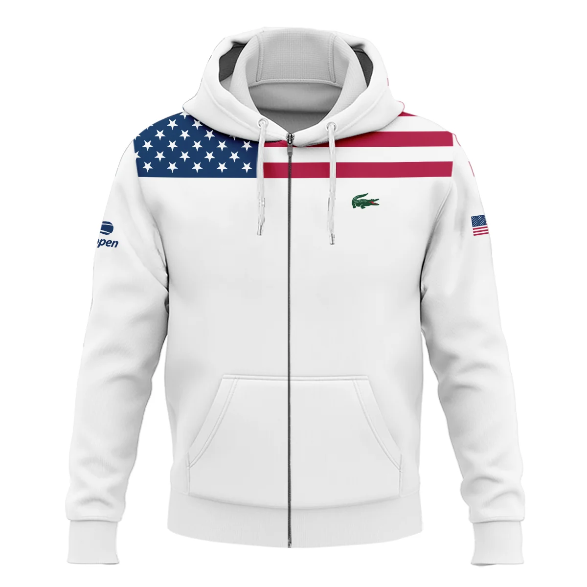 US Open Tennis Champions Lacoste USA Flag White Mandarin collar Quater-Zip Long Sleeve