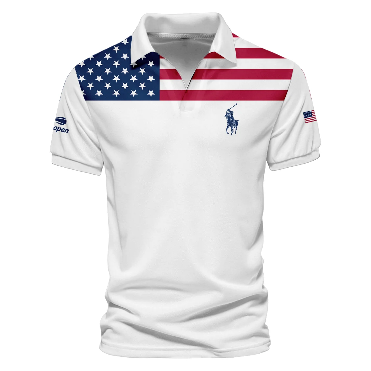 US Open Tennis Champions Ralph Lauren USA Flag White Polo Shirt Mandarin Collar Polo Shirt