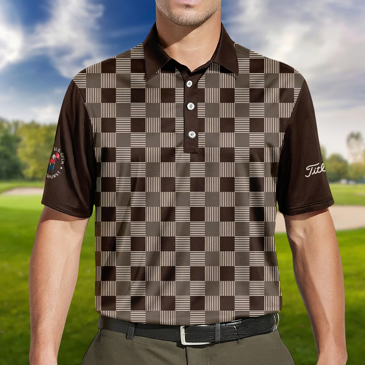 Golf Brown Square Pattern 124th U.S. Open Pinehurst Titleist Style Classic, Short Sleeve Round Neck Polo Shirt