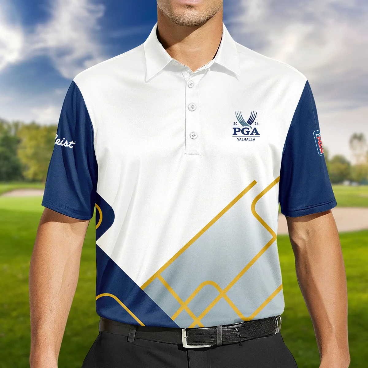 2024 PGA Championship Valhalla Blue White Yellow Line Titleist Long Polo Shirt Style Classic