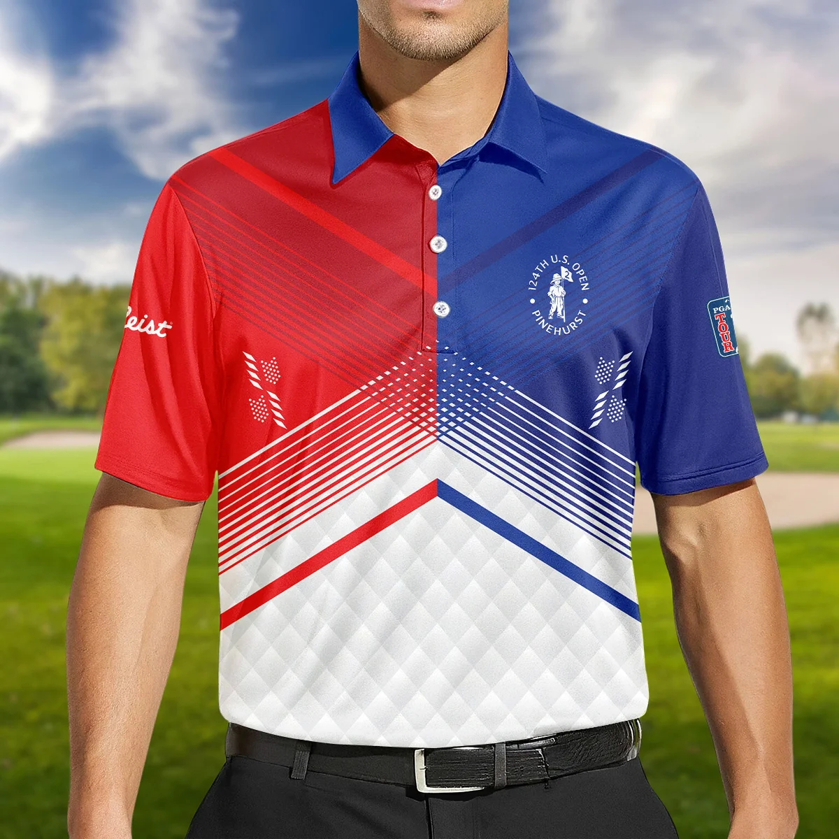 Titleist 124th U.S. Open Pinehurst Blue Red Line White Abstract Zipper Polo Shirt Style Classic