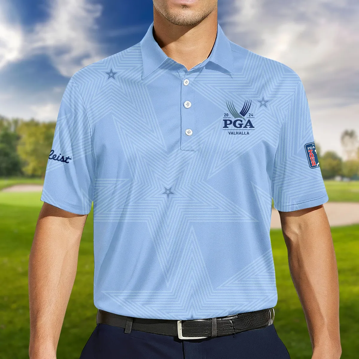 Golf Blue Color Star Pattern 2024 PGA Championship Valhalla Titlest Long Polo Shirt Style Classic