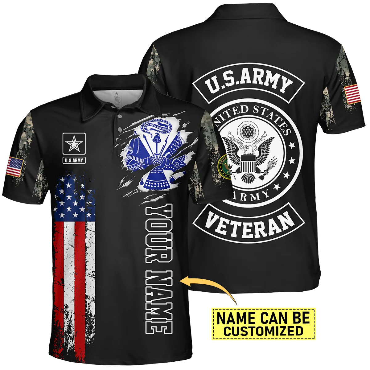 Flag Camo Pattern Custom Name U.S. Army All Over Prints Zipper Hoodie