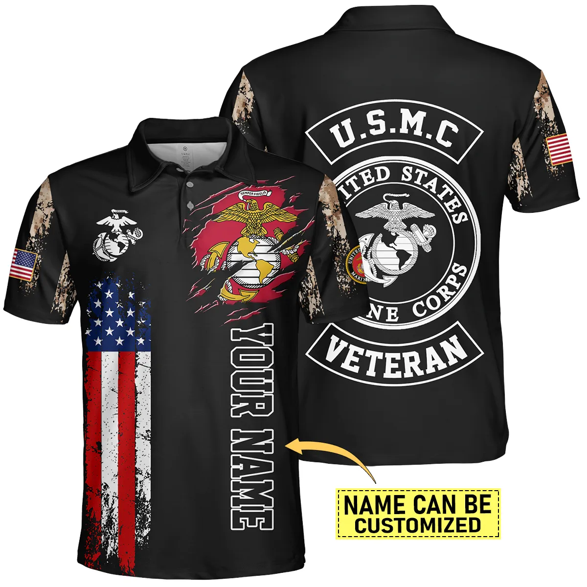 Flag Camo Pattern Custom Name U.S. Marine Corps All Over Prints Oversized Hawaiian Shirt
