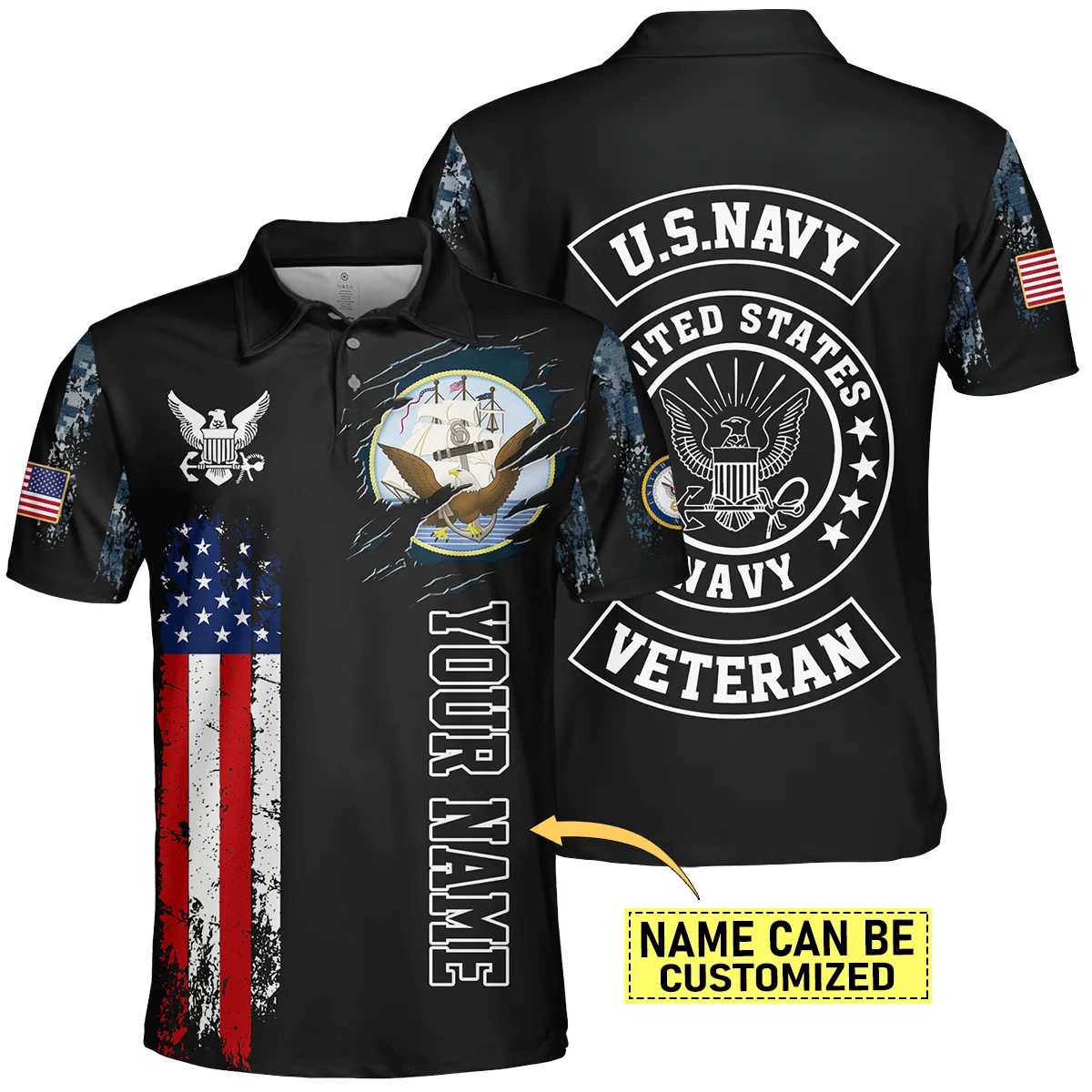 Flag Camo Pattern Custom Name U.S. Navy All Over Prints Unisex T-Shirt