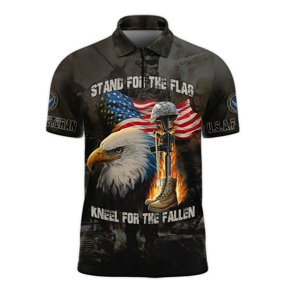 Veteran Stand For The Flag Kneel For The Fallen U.S. Air Force Veterans All Over Prints Zipper Polo Shirt