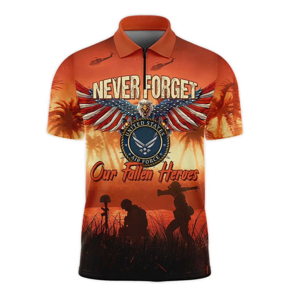 Veteran Never Forget Our Fallen Heroes U.S. Air Force Veterans All Over Prints Zipper Polo Shirt