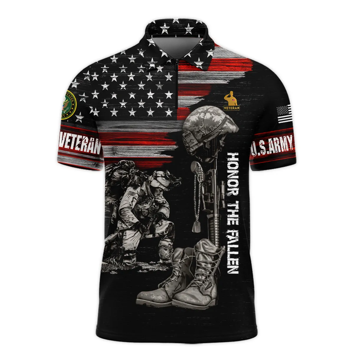 Veteran Honor The Fallen U.S. Army Veterans All Over Prints Zipper Polo Shirt