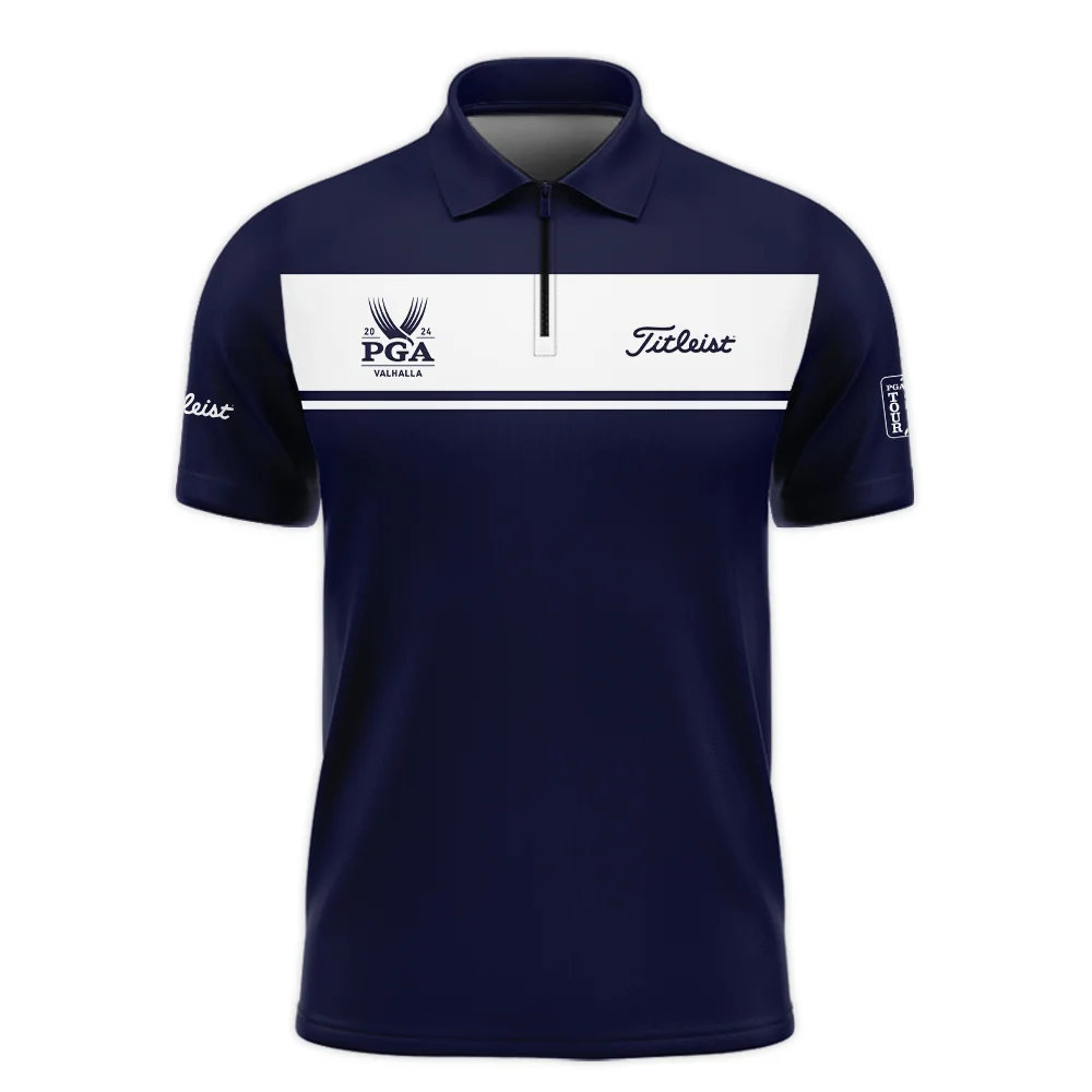 Titleist 2024 PGA Championship Golf Zipper Polo Shirt Sports Dark Blue White All Over Print Zipper Polo Shirt For Men
