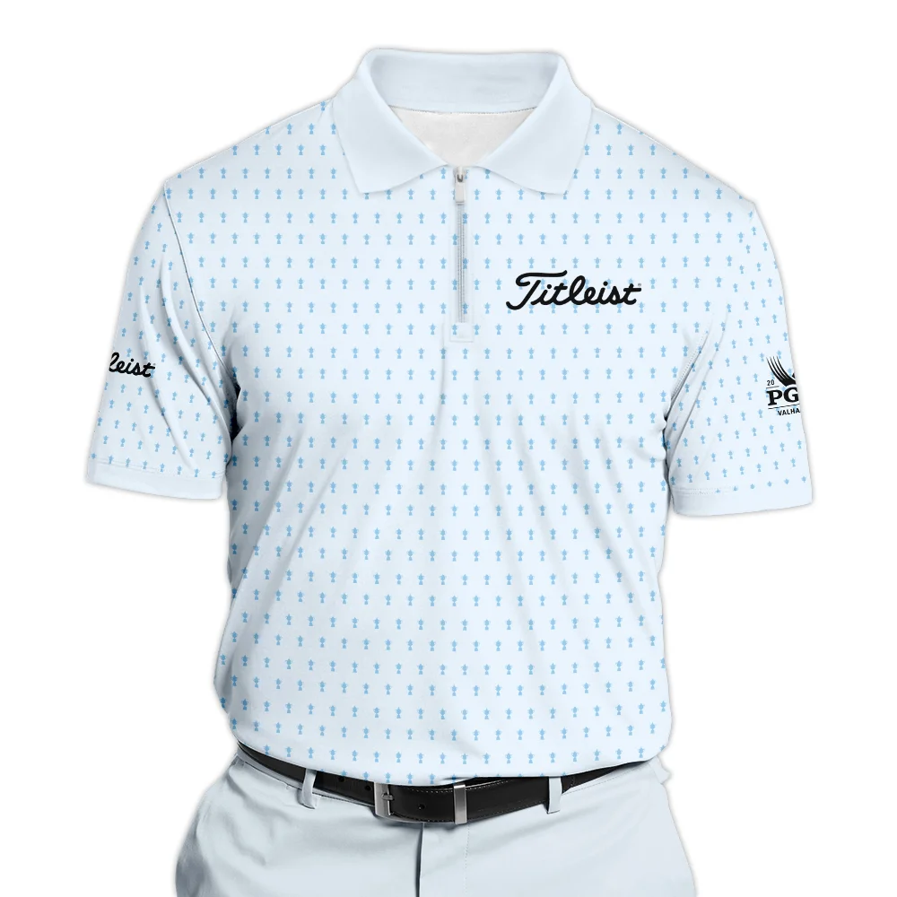 2024 PGA Championship Titleist Golf Zipper Polo Shirt Light Blue Pastel Golf Cup Pattern All Over Print Zipper Polo Shirt For Men