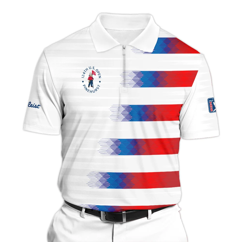 Titleist 124th U.S. Open Pinehurst Golf Sport Zipper Polo Shirt Blue Red White Abstract All Over Print Zipper Polo Shirt For Men