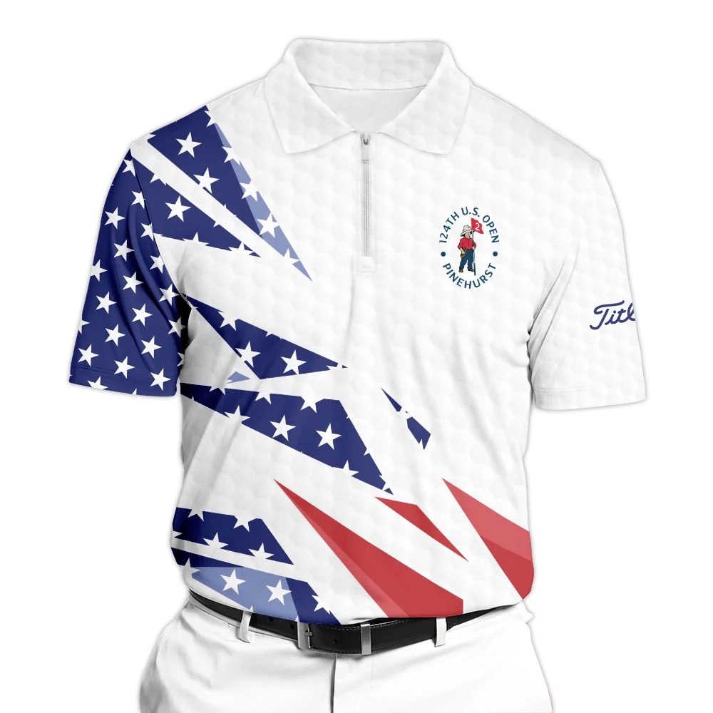 124th U.S. Open Pinehurst Titleist Zipper Polo Shirt Golf Pattern White USA Flag All Over Print Zipper Polo Shirt For Men