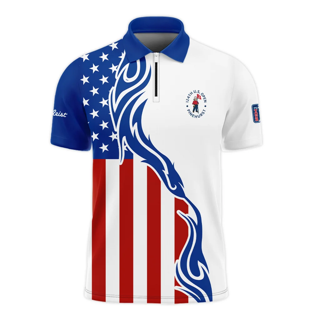 Golf Sport Titleist 124th U.S. Open Pinehurst Zipper Polo Shirt USA Flag Pattern Blue White All Over Print Zipper Polo Shirt For Men