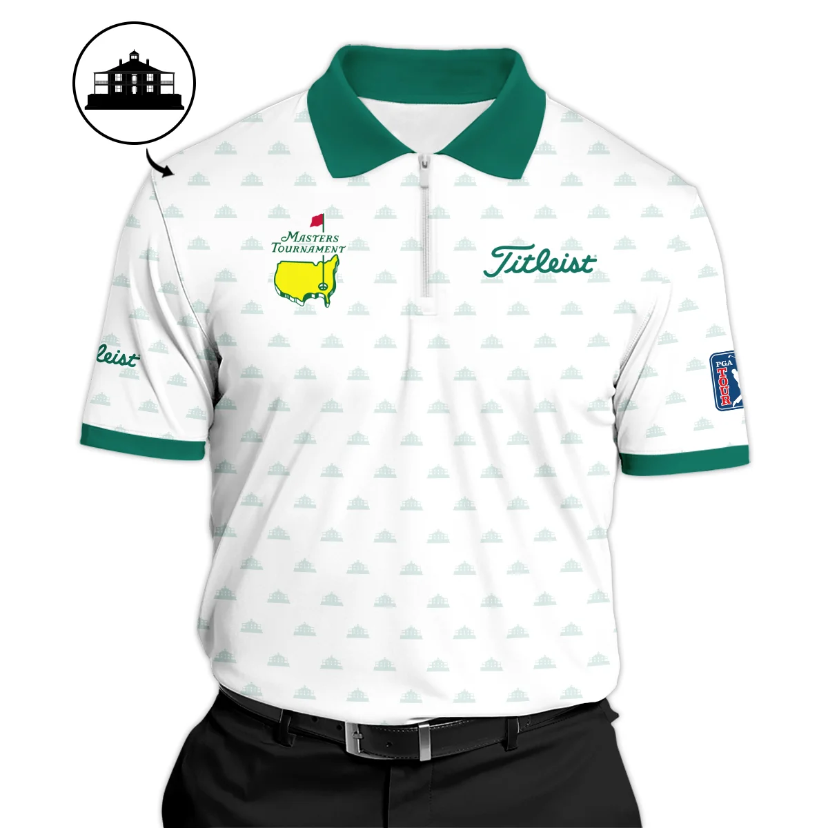 Masters Tournament Golf Sport Titleist Zipper Polo Shirt Sports Cup Pattern White Green Zipper Polo Shirt For Men