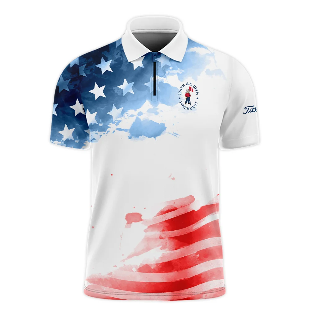 Golf 124th U.S. Open Pinehurst Titleist Zipper Polo Shirt US Flag Watercolor Golf Sports All Over Print Zipper Polo Shirt For Men