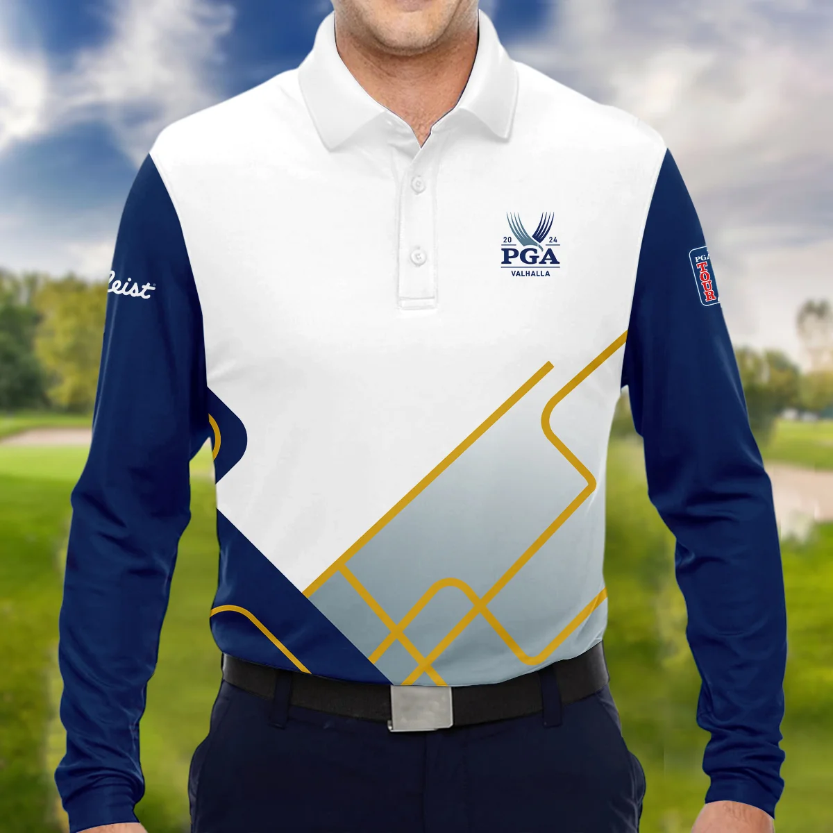 2024 PGA Championship Valhalla Blue White Yellow Line Titleist Long Polo Shirt Style Classic