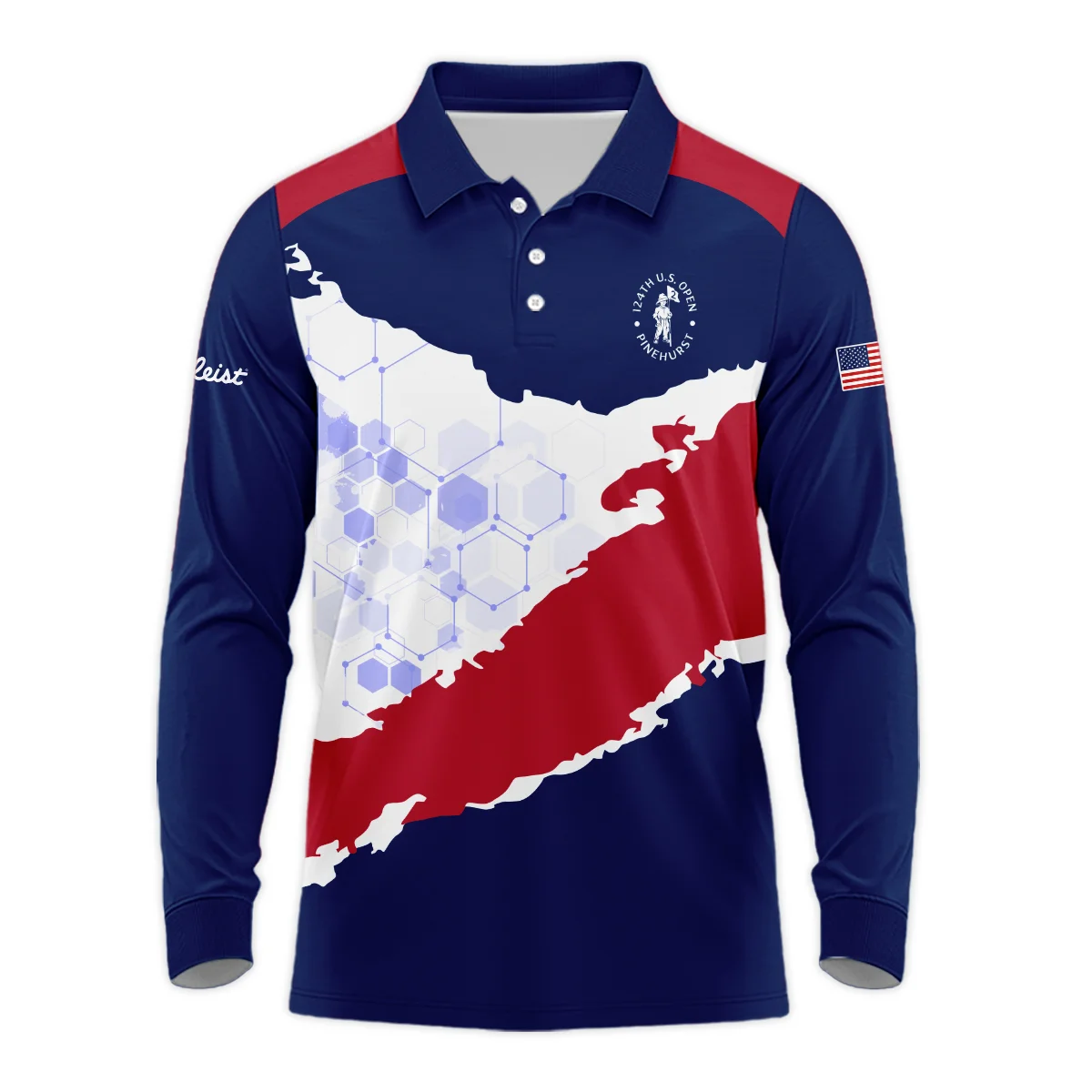 Titleist 124th U.S. Open Pinehurst Red Dark Blue White Abstract Background Long Polo Shirt Style Classic