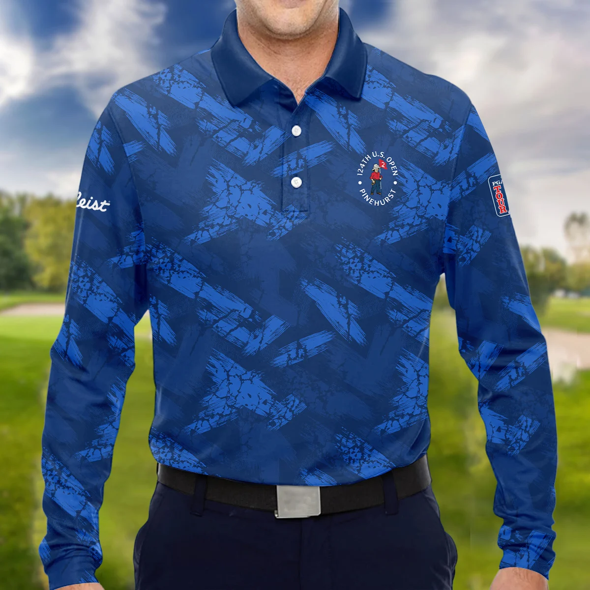 124th U.S. Open Pinehurst Titleist Dark Blue Brush Pattern Zipper Polo Shirt Style Classic