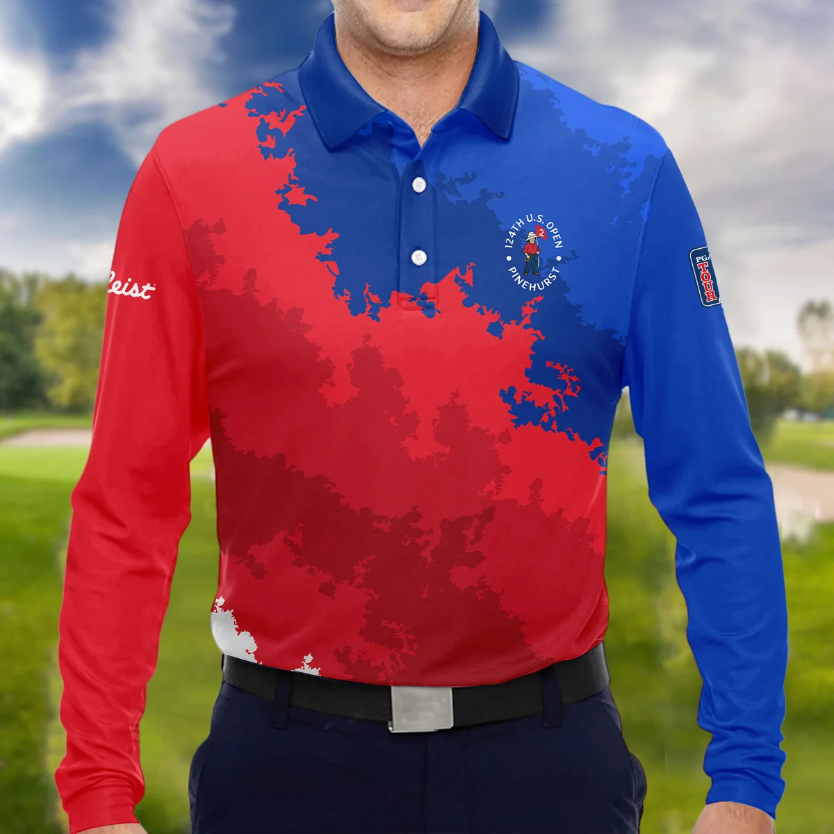 Titleist 124th U.S. Open Pinehurst Blue Red White Background Zipper Polo Shirt Style Classic