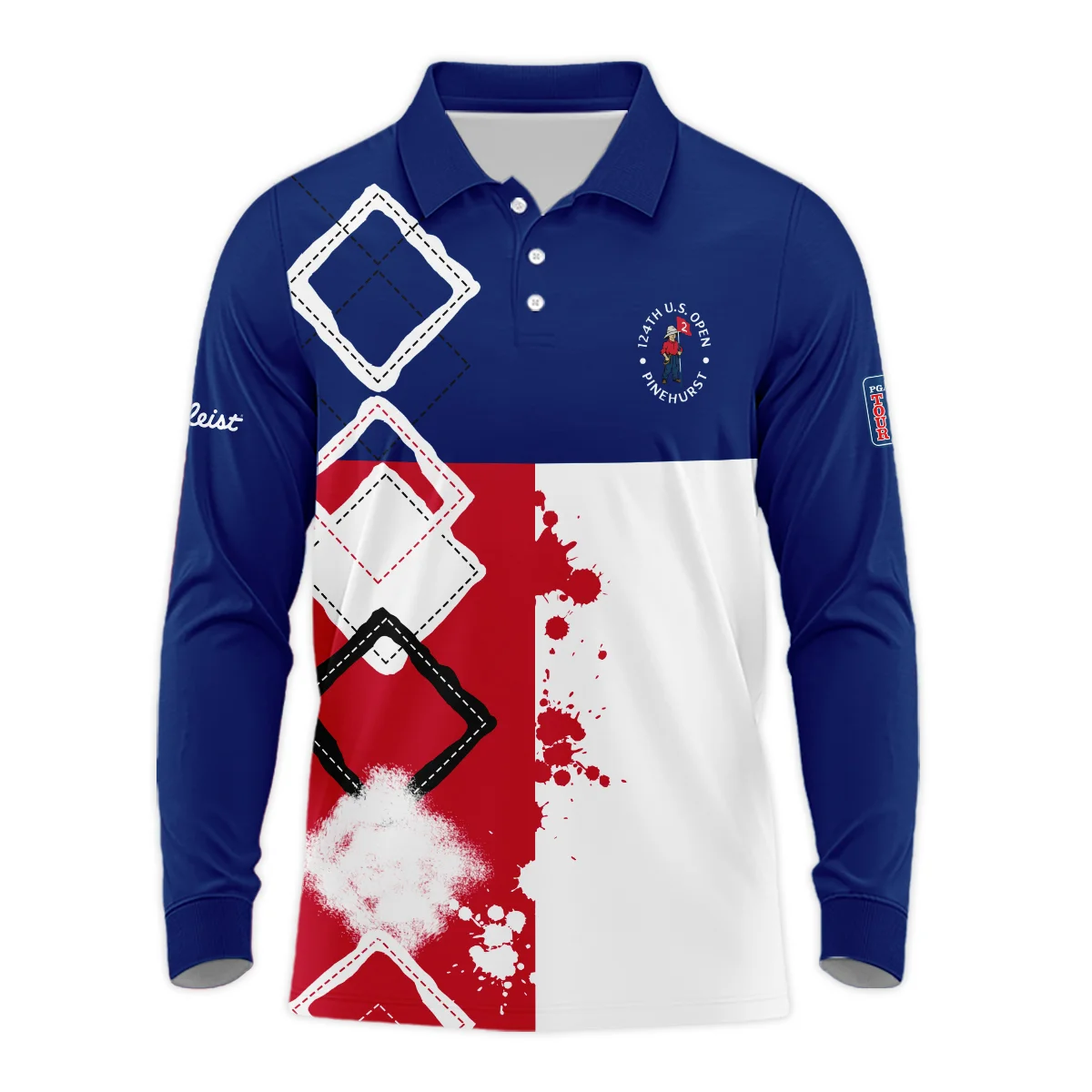 124th U.S. Open Pinehurst Titleist Long Polo Shirt Blue Red White Pattern Grunge All Over Print Long Polo Shirt For Men