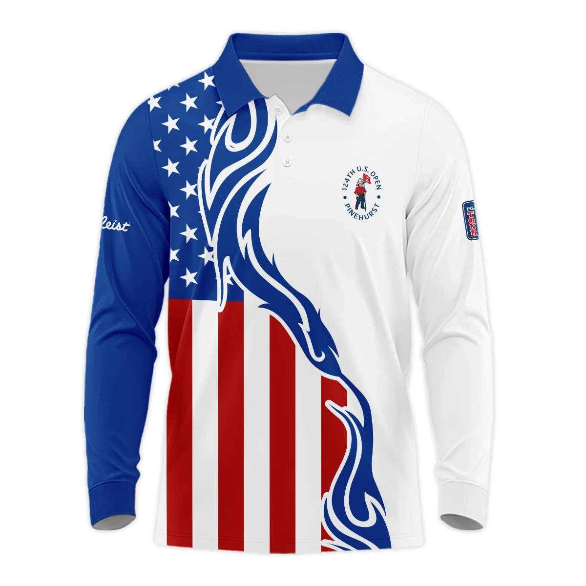 Golf Sport Titleist 124th U.S. Open Pinehurst Long Polo Shirt USA Flag Pattern Blue White All Over Print Long Polo Shirt For Men