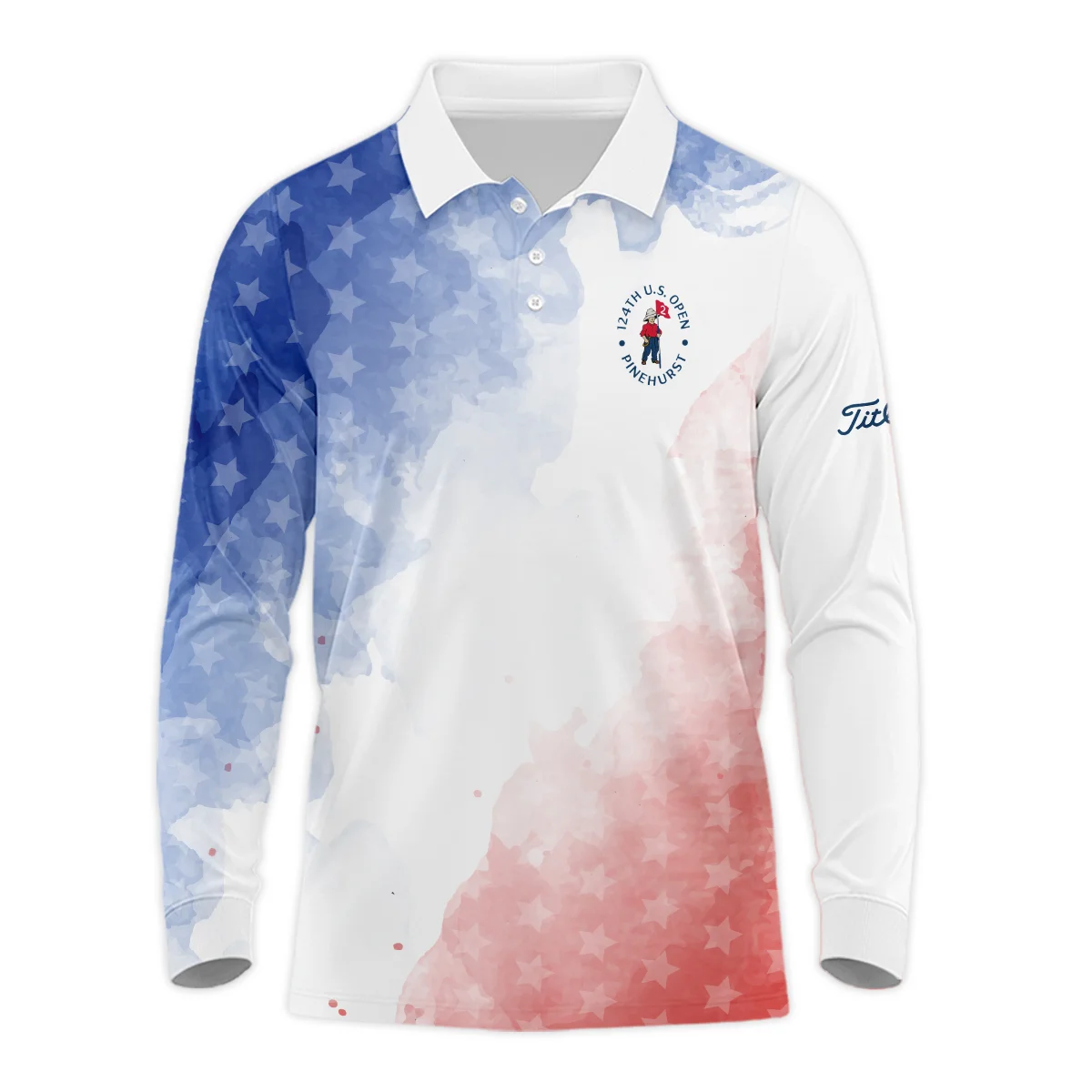 124th U.S. Open Pinehurst Golf Titleist Long Polo Shirt Stars Blue Red Watercolor Golf Sports All Over Print Long Polo Shirt For Men
