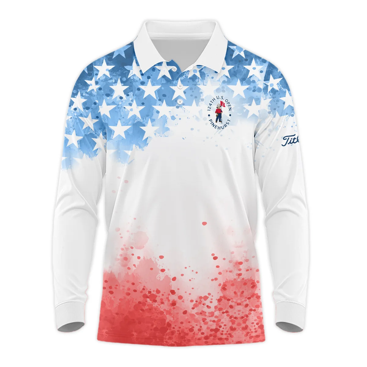 Special Version 124th U.S. Open Pinehurst Titleist Long Polo Shirt Watercolor Blue Red Stars Long Polo Shirt For Men