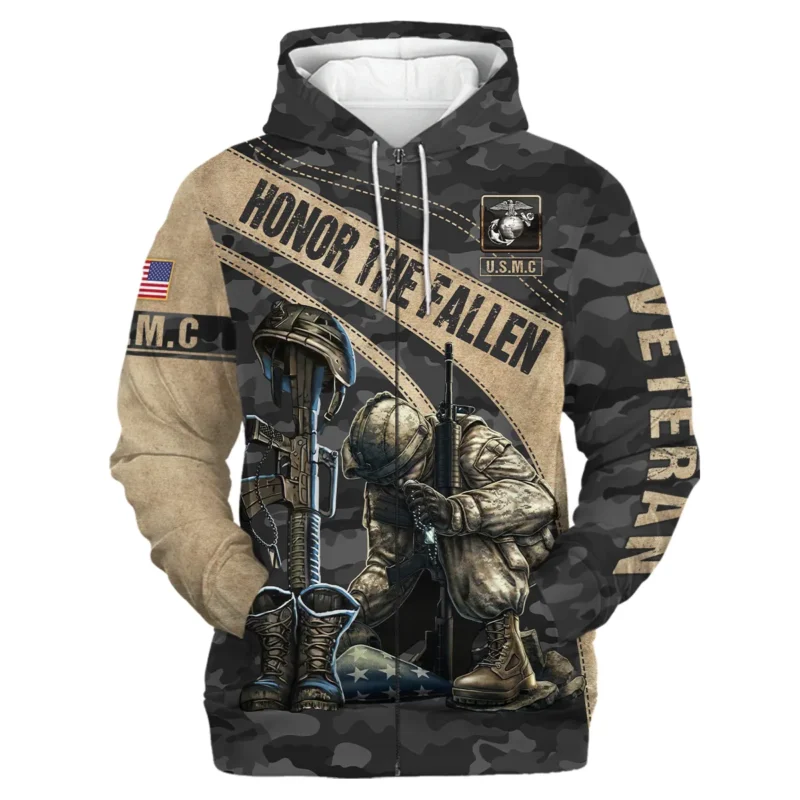 Veteran Camo Honor The Fallen U.S. Marine Corps Veterans All Over Prints Zipper Hoodie Shirt