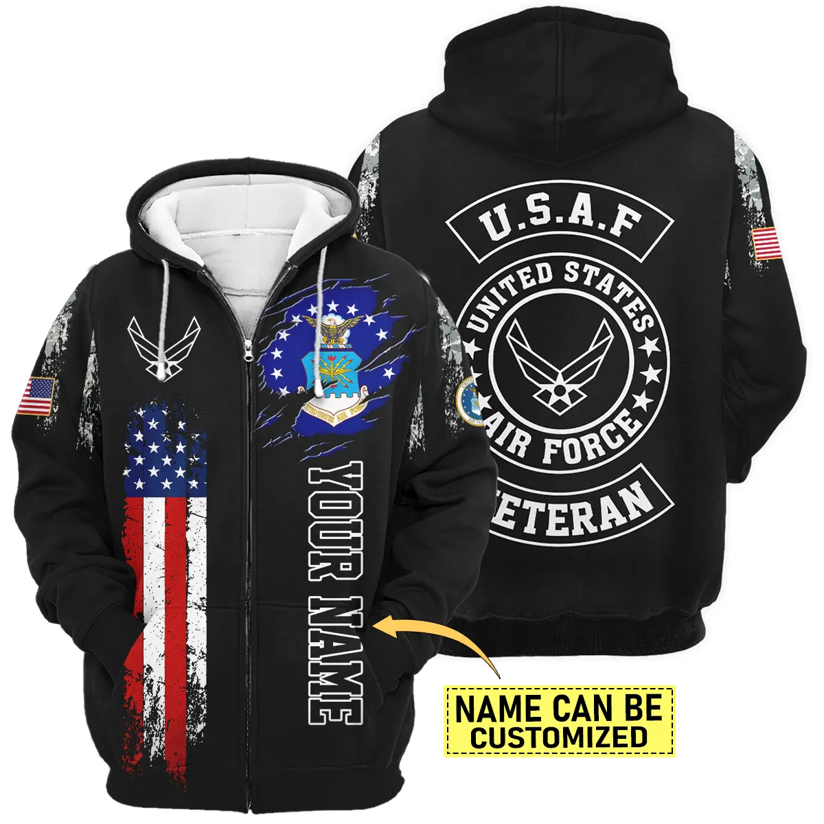 Flag Camo Pattern Custom Name U.S. Air Force All Over Prints Zipper Hoodie
