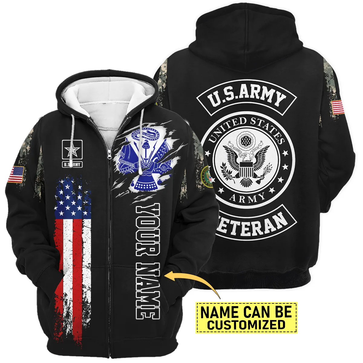 Flag Camo Pattern Custom Name U.S. Army All Over Prints Zipper Hoodie