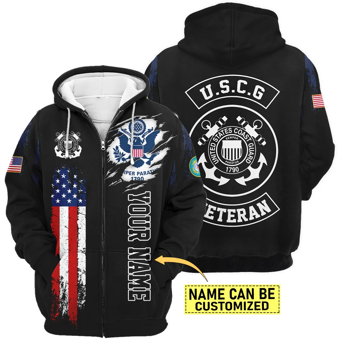Flag Camo Pattern Custom Name U.S. Coast Guard All Over Prints Zipper Hoodie
