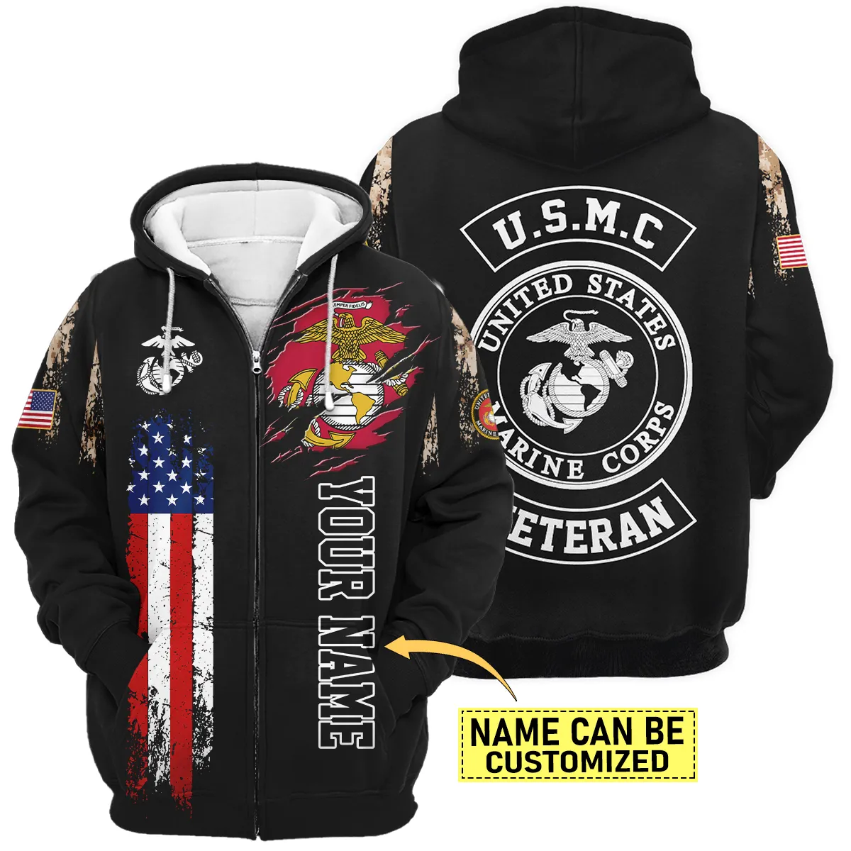 Flag Camo Pattern Custom Name U.S. Marine Corps All Over Prints Zipper Hoodie