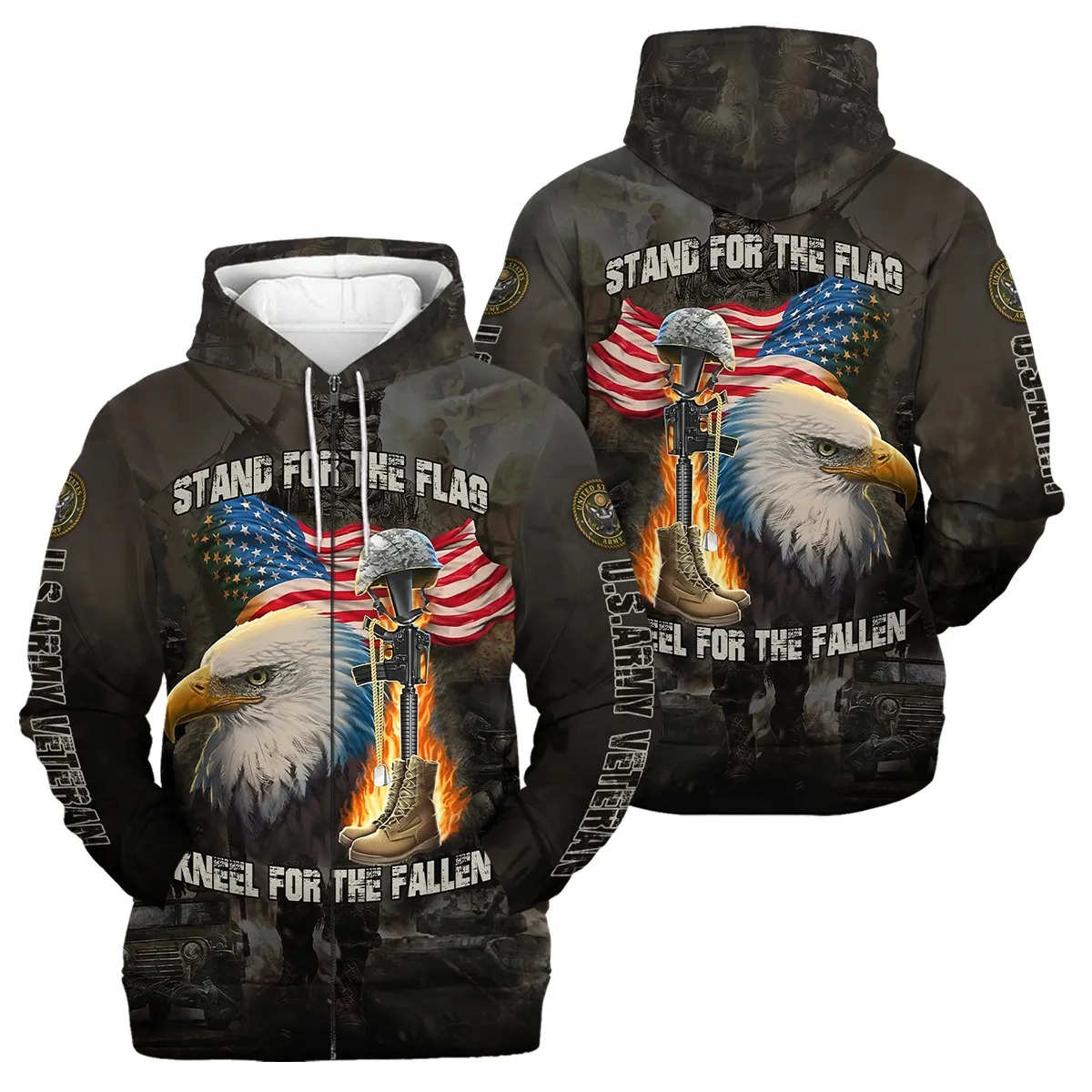 Veteran Stand For The Flag Kneel For The Fallen U.S. Army Veterans All Over Prints Zipper Hoodie Shirt