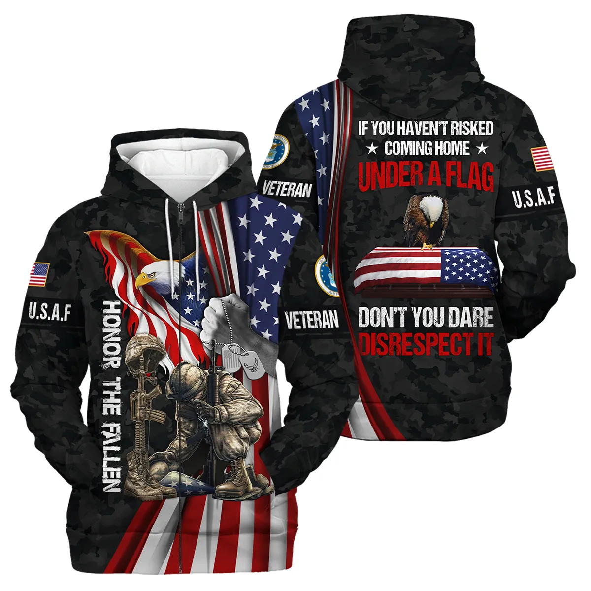 Veteran Honor The Fallen Dont You Dare Disrespect It U.S. Air Force Veterans All Over Prints Zipper Hoodie Shirt