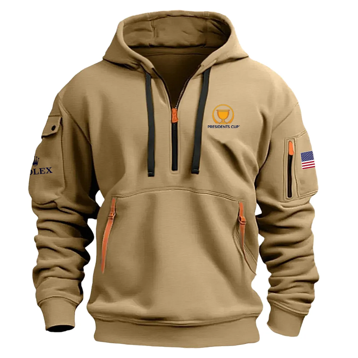 Khaki Color Rolex Fashion Hoodie Half Zipper Presidents Cup Gift For Fans