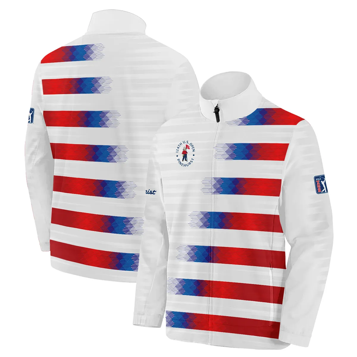 124th U.S. Open Pinehurst Titleist Zipper Polo Shirt Sports Blue Red White Pattern All Over Print Zipper Polo Shirt For Men