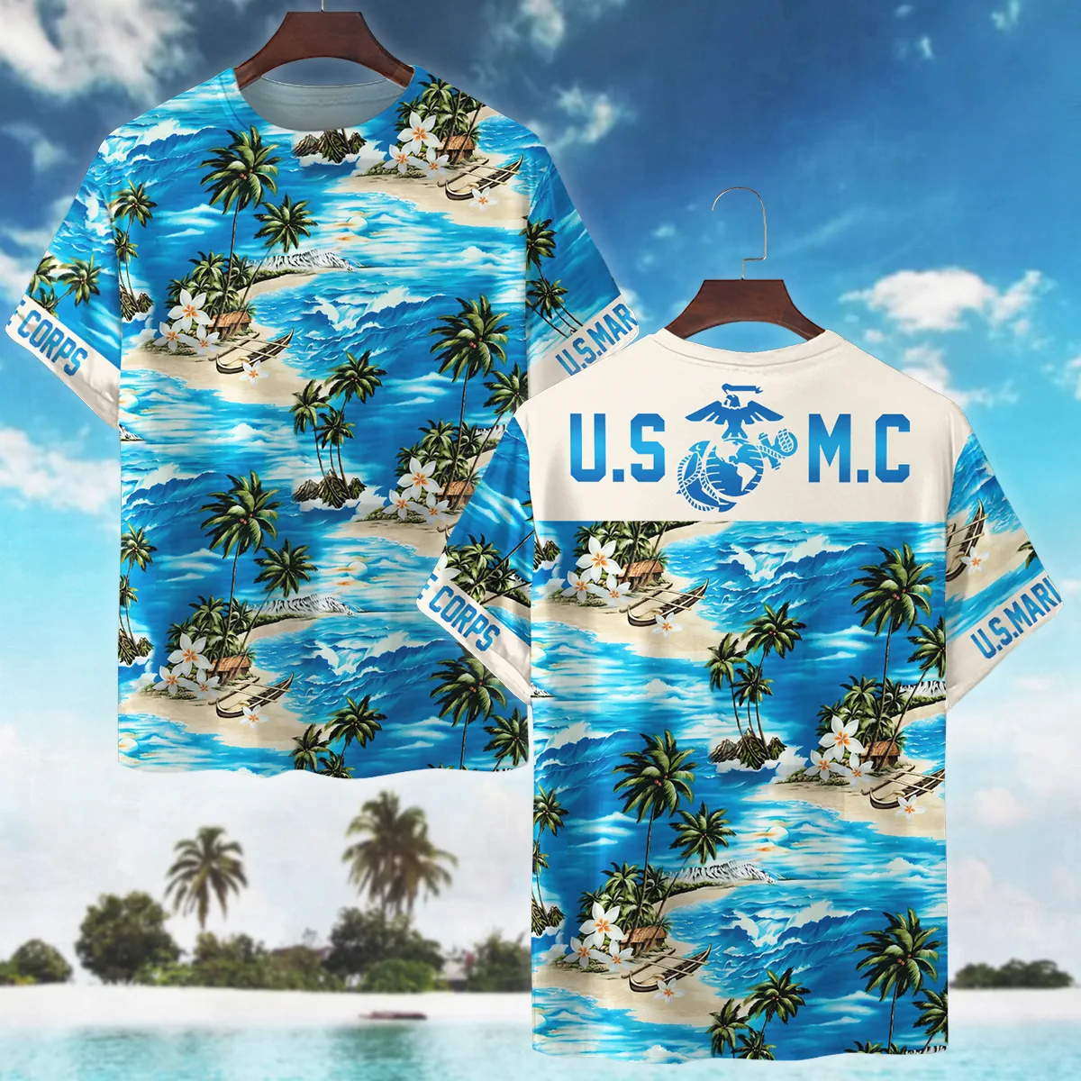 Hawaii Style Palm Tree U.S. Marine Corps Oversized Hawaiian Shirt All Over Prints Gift Loves