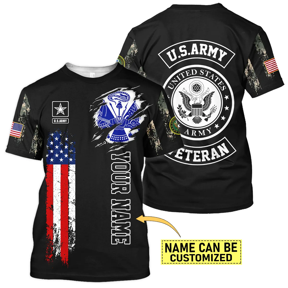 Flag Camo Pattern Custom Name U.S. Army All Over Prints Unisex T-Shirt