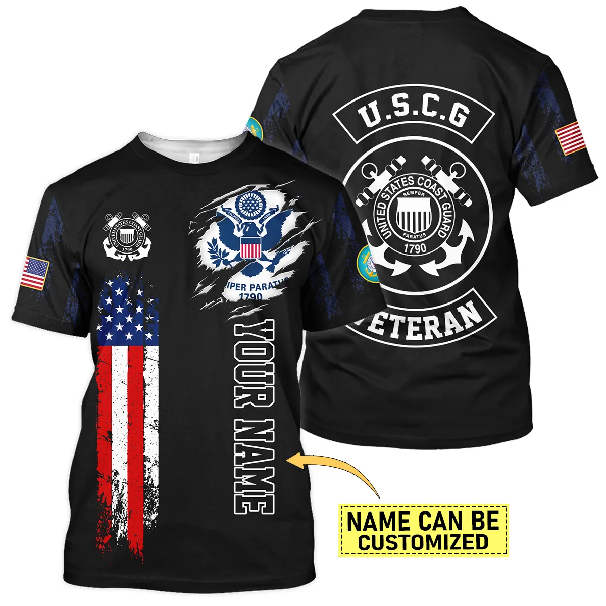 Flag Camo Pattern Custom Name U.S. Coast Guard All Over Prints Unisex T-Shirt