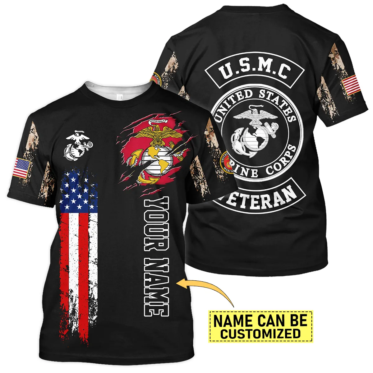 Flag Camo Pattern Custom Name U.S. Marine Corps All Over Prints Oversized Hawaiian Shirt