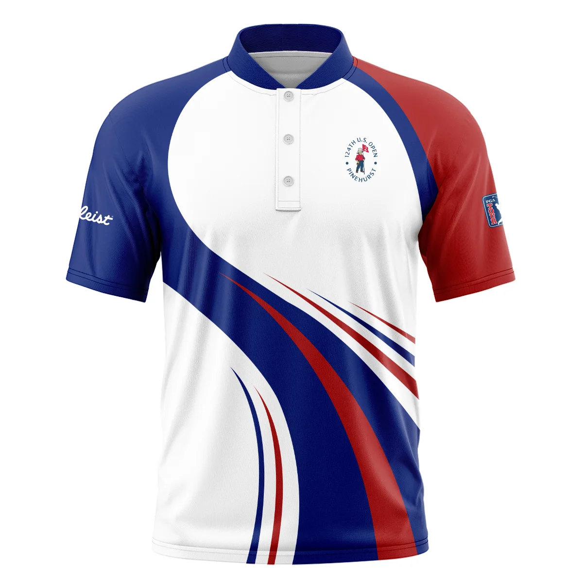 Titleist 124th U.S. Open Pinehurst Golf Blue Red White Background Zipper Polo Shirt Style Classic Zipper Polo Shirt For Men