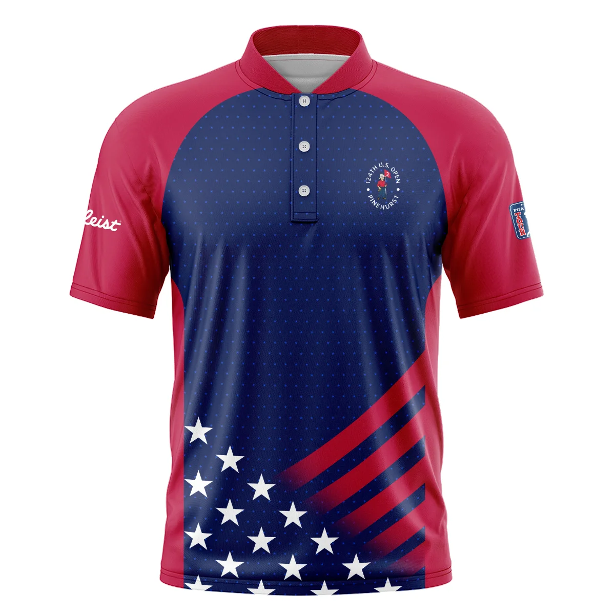 Titleist 124th U.S. Open Pinehurst Star White Dark Blue Red Background Polo Shirt Mandarin Collar Polo Shirt