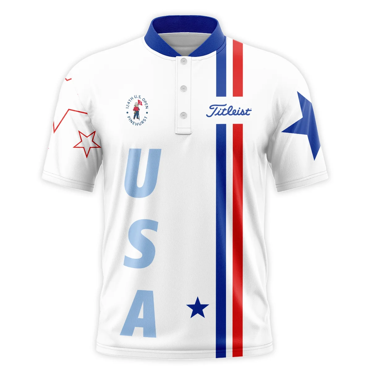 124th U.S. Open Pinehurst Titleist Blue Red Line White Style Classic, Short Sleeve Round Neck Polo Shirt