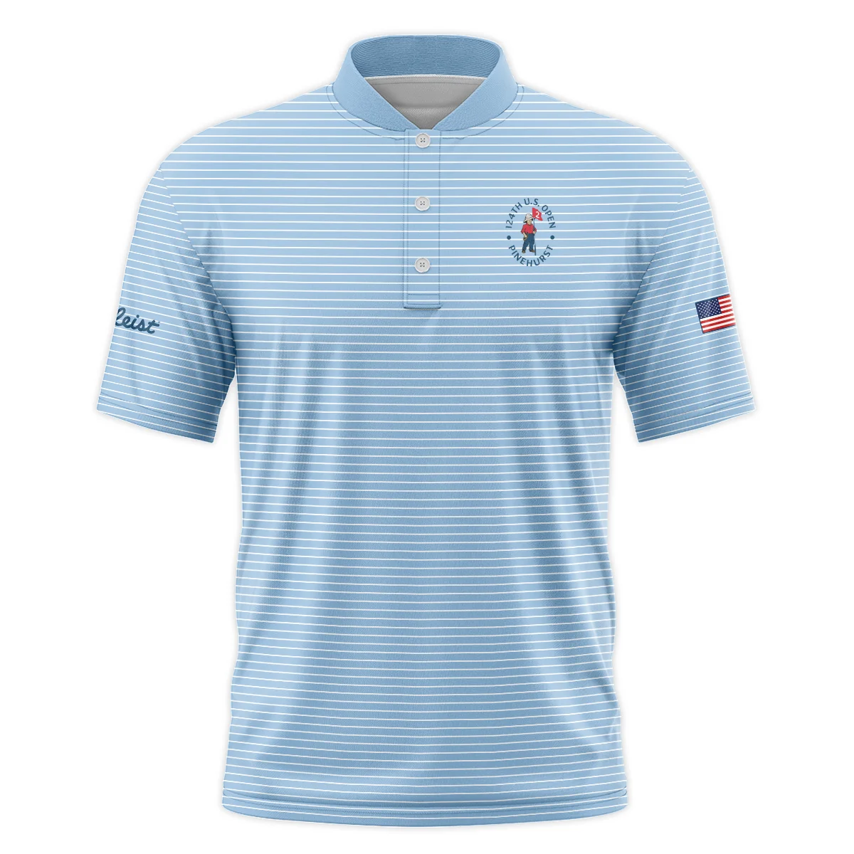 Blue White Line Pattern Titleist 124th U.S. Open Pinehurst Style Classic, Short Sleeve Round Neck Polo Shirt