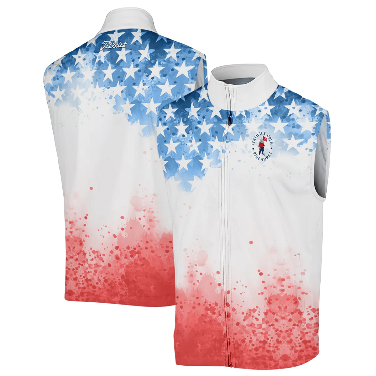 Special Version 124th U.S. Open Pinehurst Titleist Long Polo Shirt Watercolor Blue Red Stars Long Polo Shirt For Men