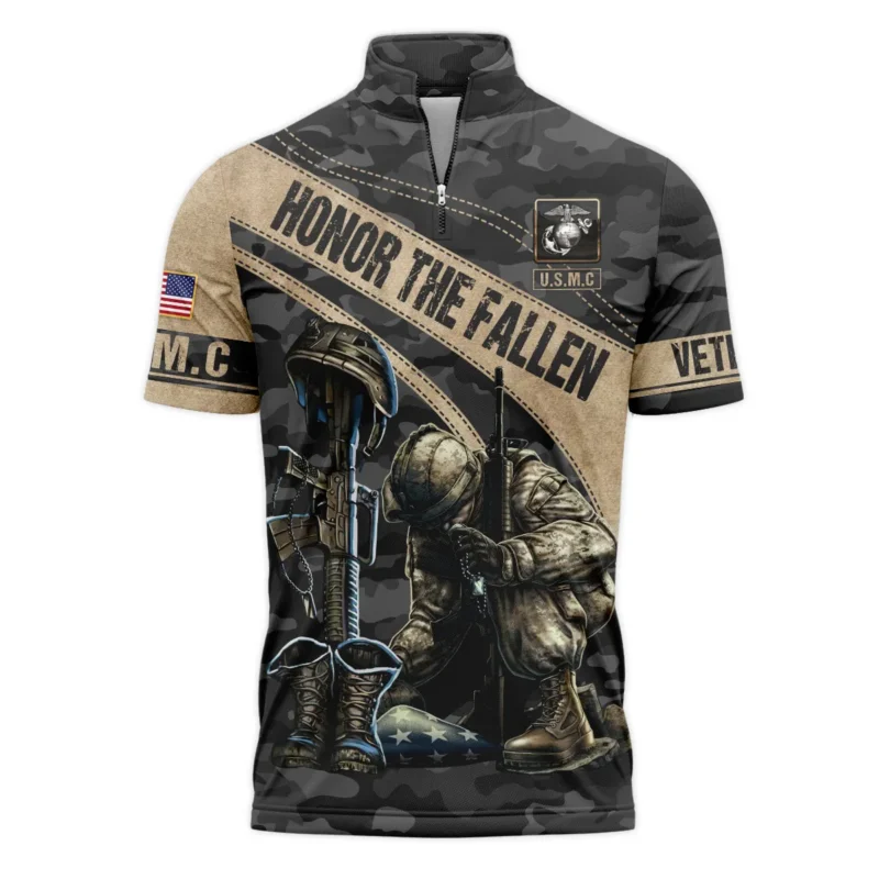 Veteran Camo Honor The Fallen U.S. Marine Corps Veterans All Over Prints Quarter-Zip Polo Shirt