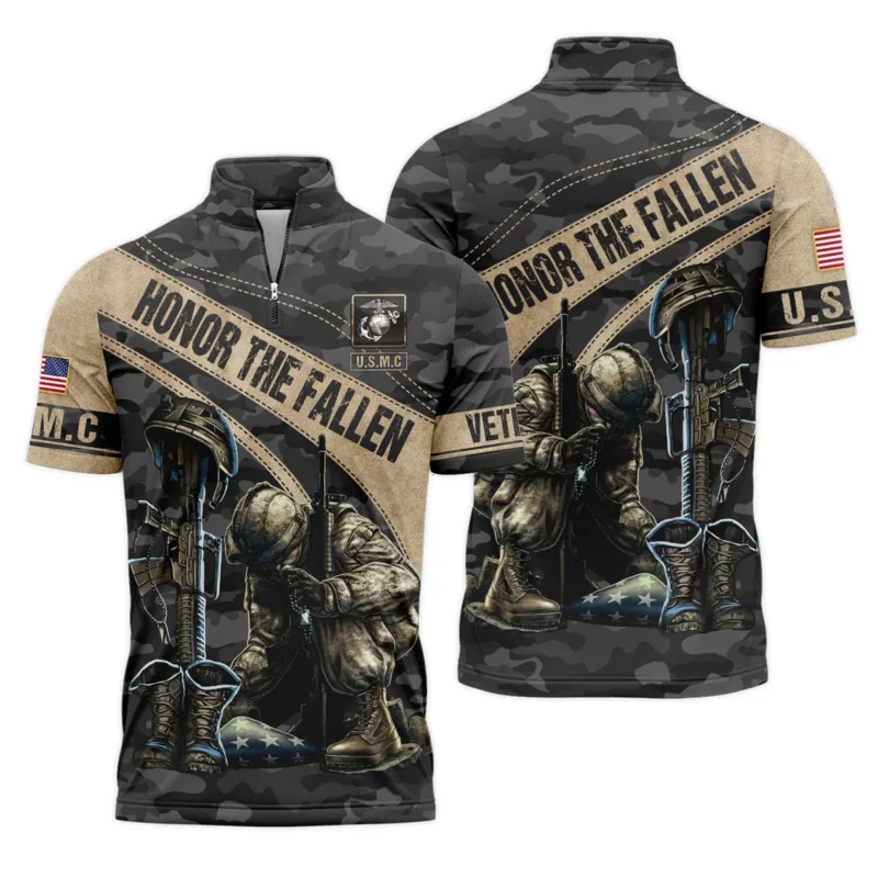 Veteran Camo Honor The Fallen U.S. Marine Corps Veterans All Over Prints Quarter-Zip Polo Shirt