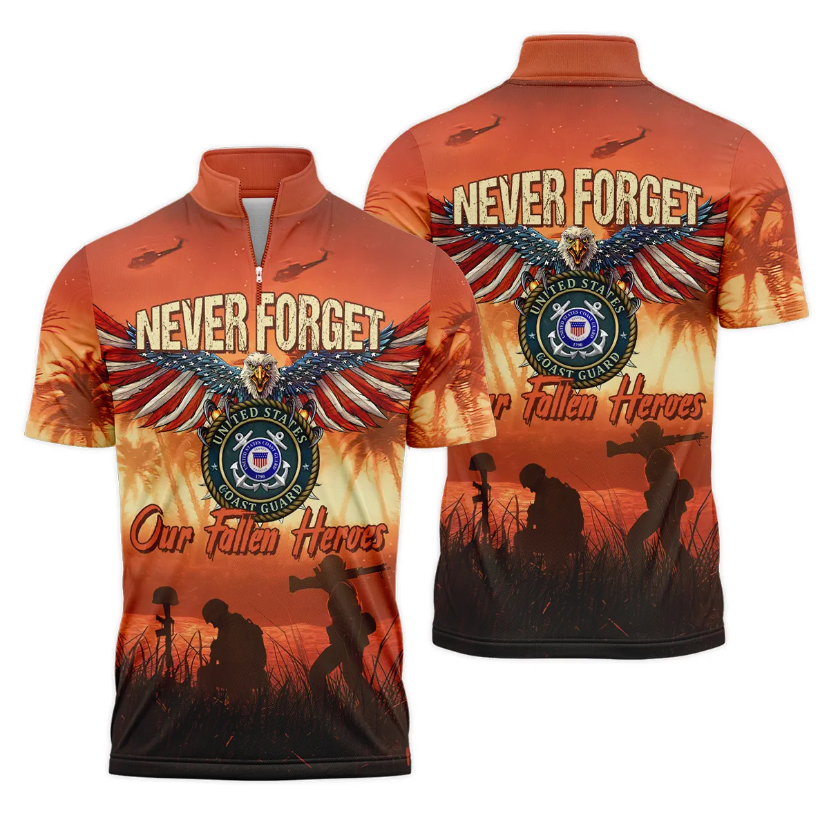 Veteran Never Forget Our Fallen Heroes U.S. Coast Guard Veterans All Over Prints Quarter-Zip Polo Shirt