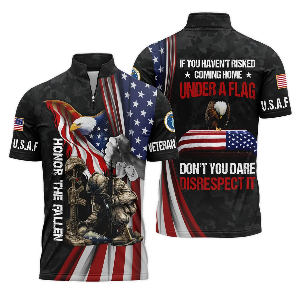 Veteran Honor The Fallen Dont You Dare Disrespect It U.S. Air Force Veterans All Over Prints Quarter-Zip Polo Shirt